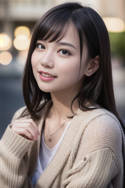 1girl,(RAW photo, best quality), (realistic, photo-realistic:1.4), masterpiece, an extremely delicate and beautiful, extremely detailed, 2k wallpaper, Amazing, finely detail, extremely detailed CG unity 8k wallpaper, ultra-detailed, highres, soft light, beautiful detailed girl, extremely detailed eyes and face, beautiful detailed nose, beautiful detailed eyes,cinematic lighting,perfect anatomy,
(wearing a cardigan:1.1),bokeh,
(at a downtown:1.4),looking at viewer,young japanaese idol,standing,
(smile:1.2), <lora:miurachiyuki_lora_01:1.1>