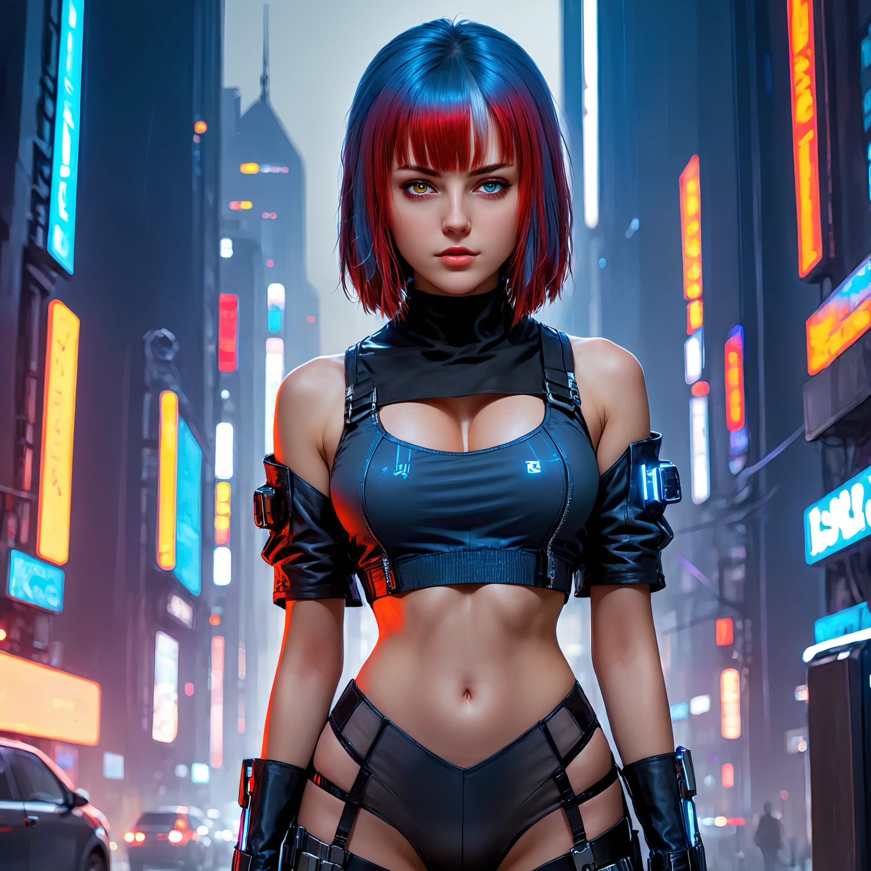 a beautiful <lora:empresshacker:0.9> empresshacker girl in cyberpunk clothes, with eyes of different colors, detailed beautiful blue red hair, in a cyberpunk night city, highly detailed face and eyes, full-length photo, high resolution, masterpiece, detailed, intricate, masterpiece very ultra-detailed wallpaper 4k, solo, alone, muted colors, high detail, best quality, best shadow, very aesthetic, highest quality, 8k