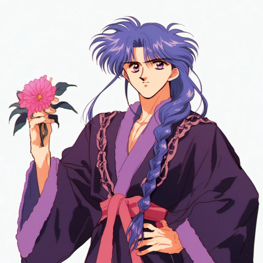 utzssks, solo, long hair, simple background, 1boy, white background, blue hair, purple eyes, purple hair, braid, flower, male focus, hand on hip, single braid, hair over shoulder, robe, holding flower, retro artstyle, 1990s (style), score_9, score_8_up, score_7_up, score_6_up