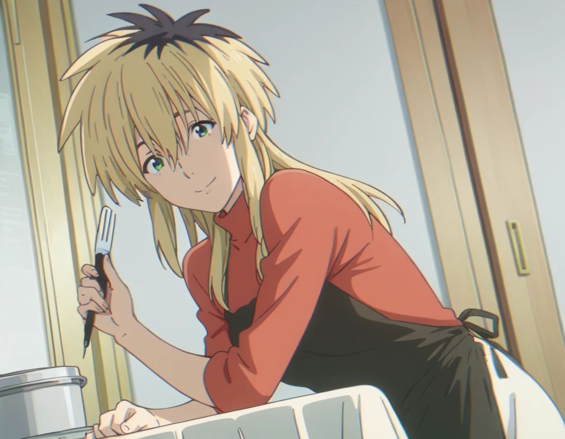 score_9, score_8_up, score_7_up, source_anime,
miyakoishida, <lora:miyako-ishida-movie-ponyxl-lora-nochekaiser:1>,
miyako ishida, long hair, bangs, blonde hair, black hair, hair between eyes, green eyes, multicolored hair, two-tone hair,
apron, sweater, turtleneck, red sweater, black apron, pants, denim,
indoors, bent over, smile,
looking at viewer, solo, cowboy shot, dutch angle,