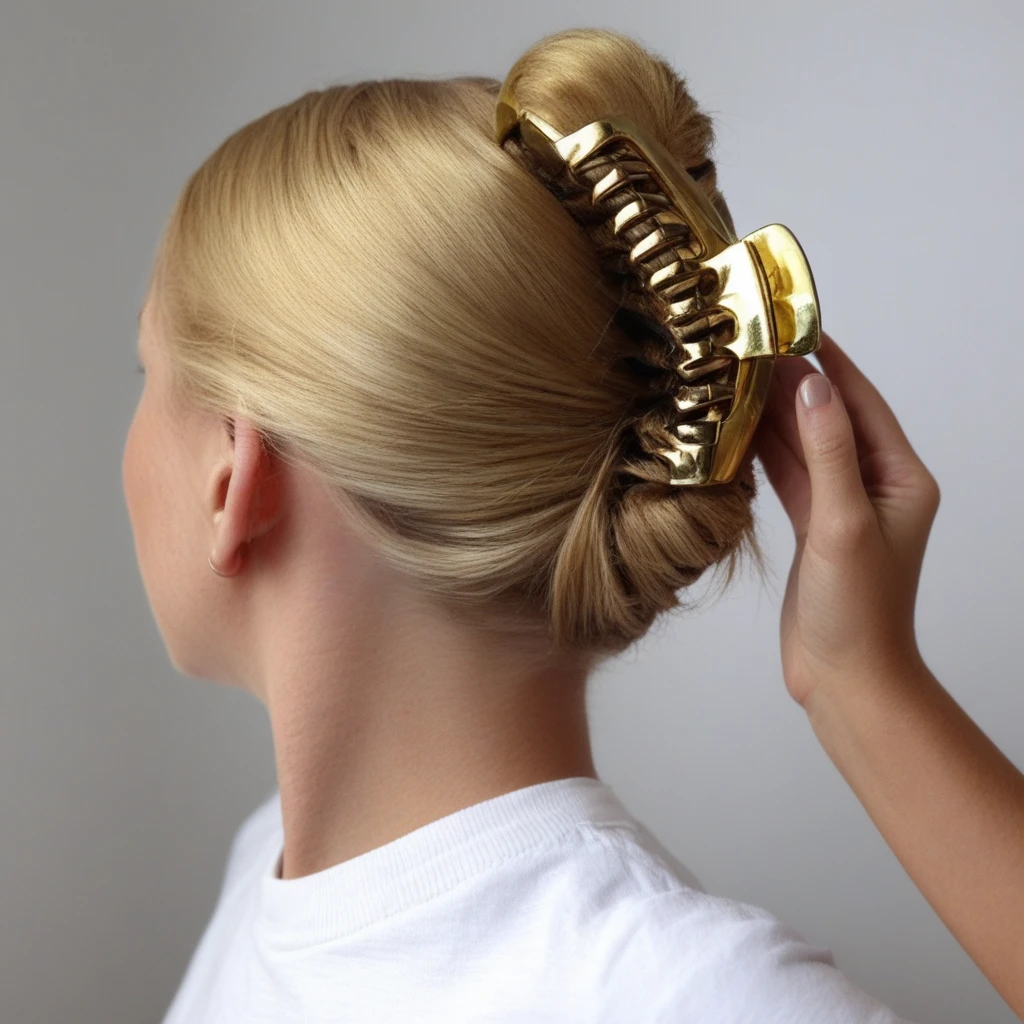 1girl, solo, hairclawstyle, tying hair, gold hairclaw
