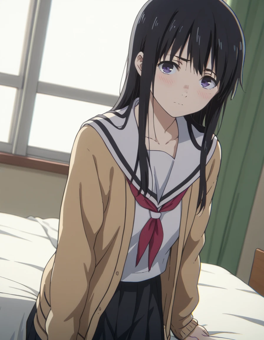 score_9, score_8_up, score_7_up, source_anime,
naokaueno, <lora:naoka-ueno-movie-ponyxl-lora-nochekaiser:1>,
naoka ueno, long hair, bangs, black hair, purple eyes,
school uniform, serafuku, cardigan, sailor collar, skirt, black skirt, pleated, neckerchief, red neckerchief, open clothes,
indoors, bed, bed room, on side, blush, drunk,
looking at viewer, solo, cowboy shot, dutch angle,