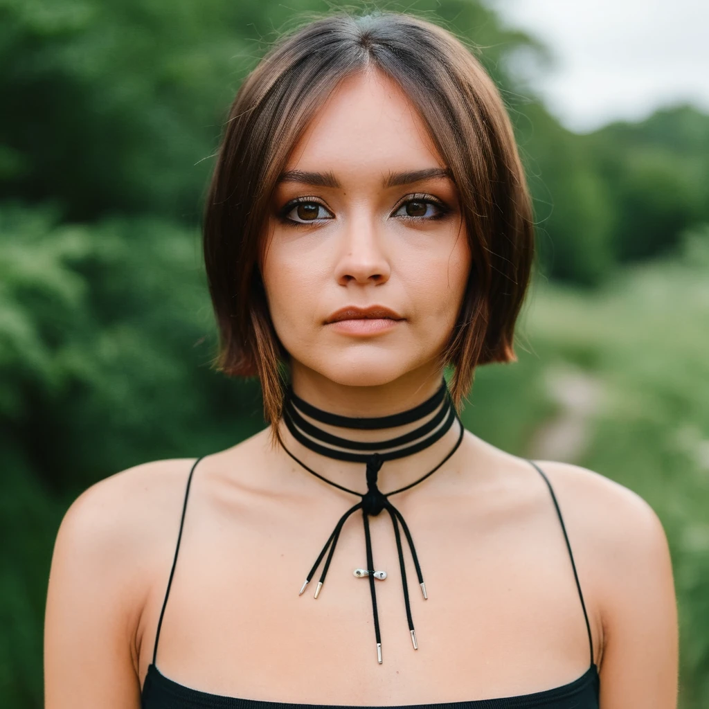 Skin texture, no makeup, Super high res closeup portrait photo of a stunning woman outdoors with straight hair, wearing a small string choker around her neck,f /2.8, Canon, 85mm,cinematic, high quality,looking at the viewer, olxcke, <lora:olcooke_juggerX_xl_1_st_wocap_merger_97_99_66_028_042_03-olxcke:1>