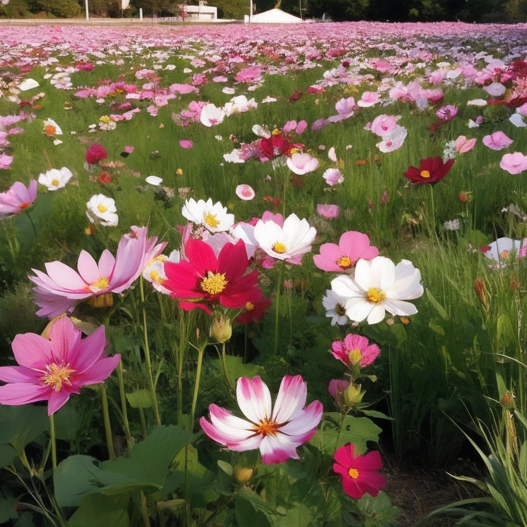 Best quality,masterpiece,ultra high res,(photorealistic:1.2),<lora:cosmos_bipinnatus:1>,cosmos_bipinnatus,flower,no humans,field,pink flower,flower field,grass,outdoors,scenery,purple flower,red flower,white flower,<lora:åå½±:0.6>,