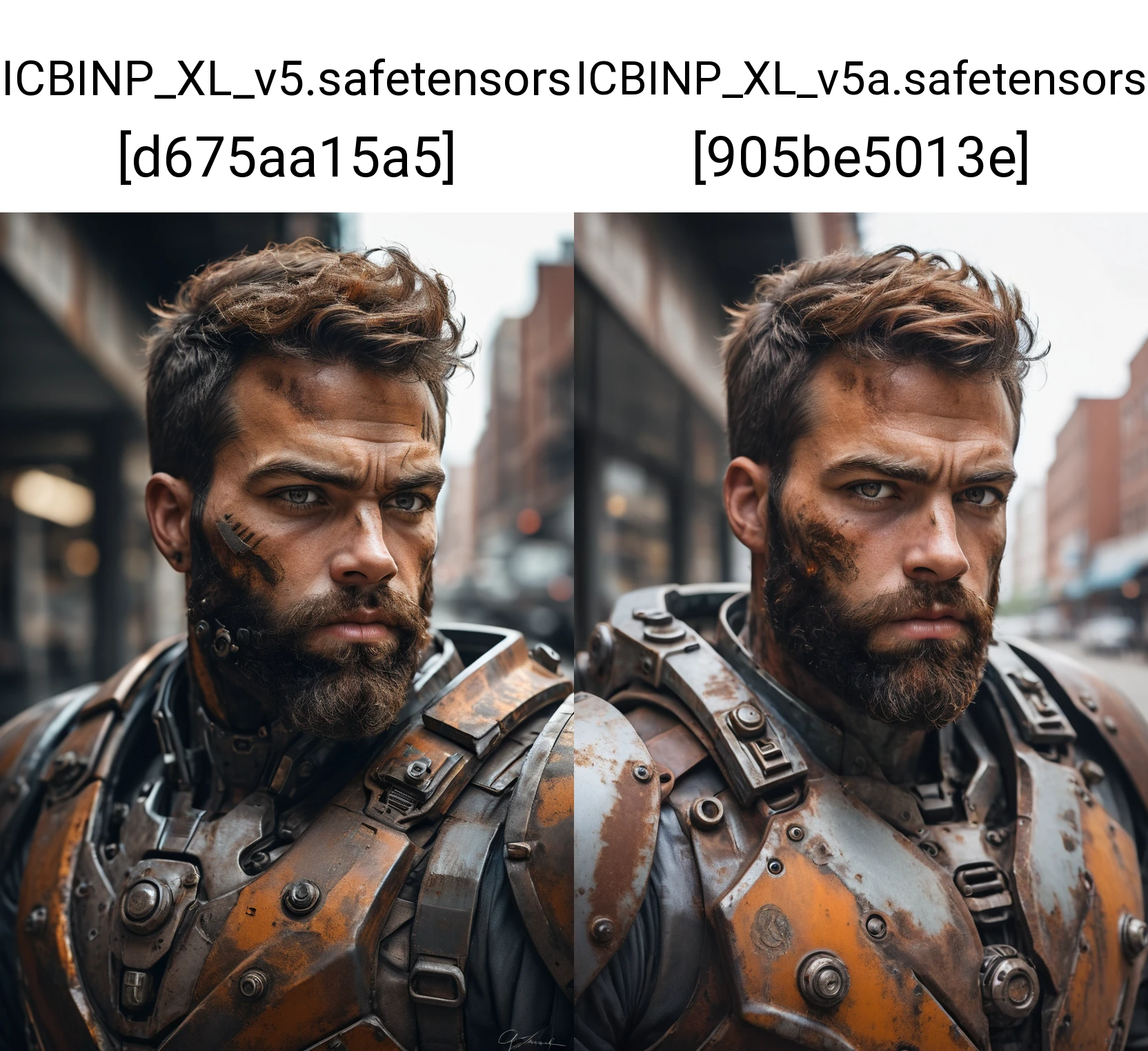 close up Portrait photo of muscular bearded guy in a worn mech suit, intricate, (steel metal [rust]), elegant, sharp focus, photo by greg rutkowski, soft lighting, vibrant colors, masterpiece, ((streets)), detailed face