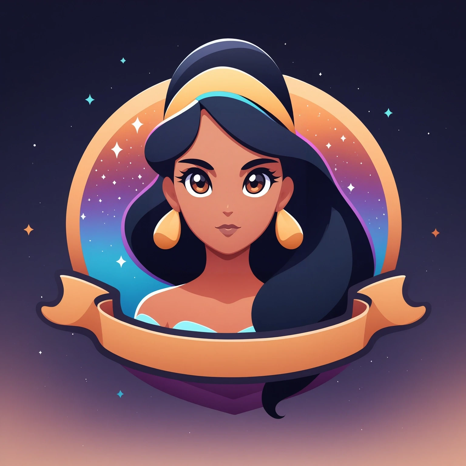 ribbon logo, 1girl, solo, (nakoma:1.1), from disney's pocahontas, green and brown, blunt bangs, black hair, tan skin, dress, brown eyes, portrait, gradient background, starry sky, masterpiece, best quality, highly aesthetic