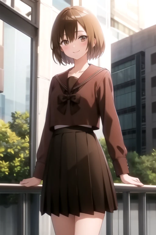 ((masterpiece)),(best quality),official art,extremely delicate and beautiful,extremely detailed CG,unity 8k wallpaper,ultra detailed,beautiful detailed eyes,extremely detailed face,outdoors,1girl,solo,cowboy shot,looking at viewer,facing viewer,smile,Kouzuki Mahiru,brown hair,short hair,bob cut,hair between eyes,bangs,brown eyes,school uniform,collarbone,brown sailor collar,red shirt,brown shirt,long sleeves,medium breasts,brown skirt,long sleeves,pleated skirt,black socks,loafers,<lora:Kouzuki Mahiru(jcsitn)>,