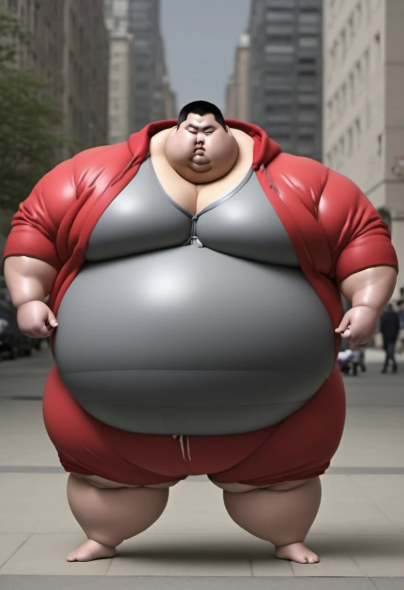 <lora:runga8:0.8>male focus, 1boy, superchub, big belly, sumo, solo, standing, thick arms, full body, fat, black hair, fat man,in city,red hoody,