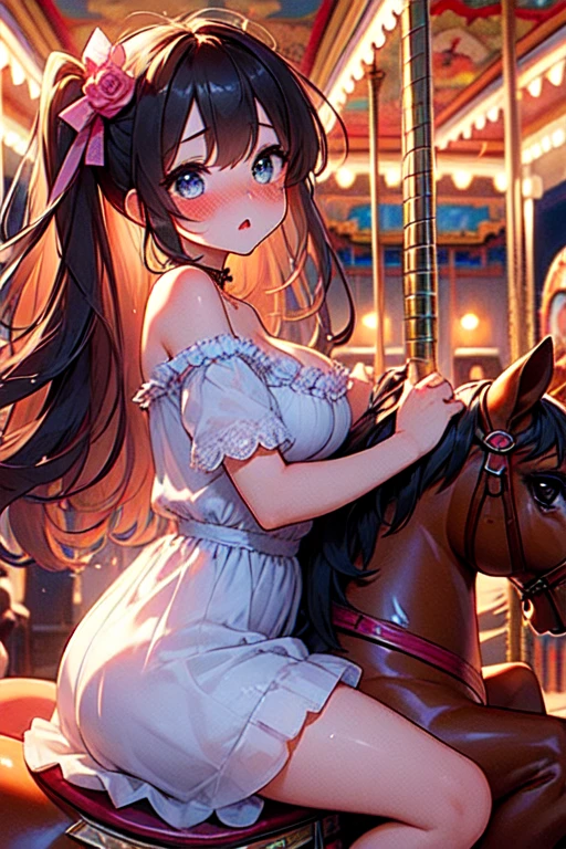 (((masterpiece))), (((best quality))), ((riding carousel)), ((multiple girls)), ((leaning forward)), sitting astride, dress, off shoulder, parted lips, sweat, wind, cloudy sky, party balloon, ferris wheel, amusement park, outdoor, cleavage, big tits, shy, blush, slim figure, <lora:girllikecarousel:0.9>