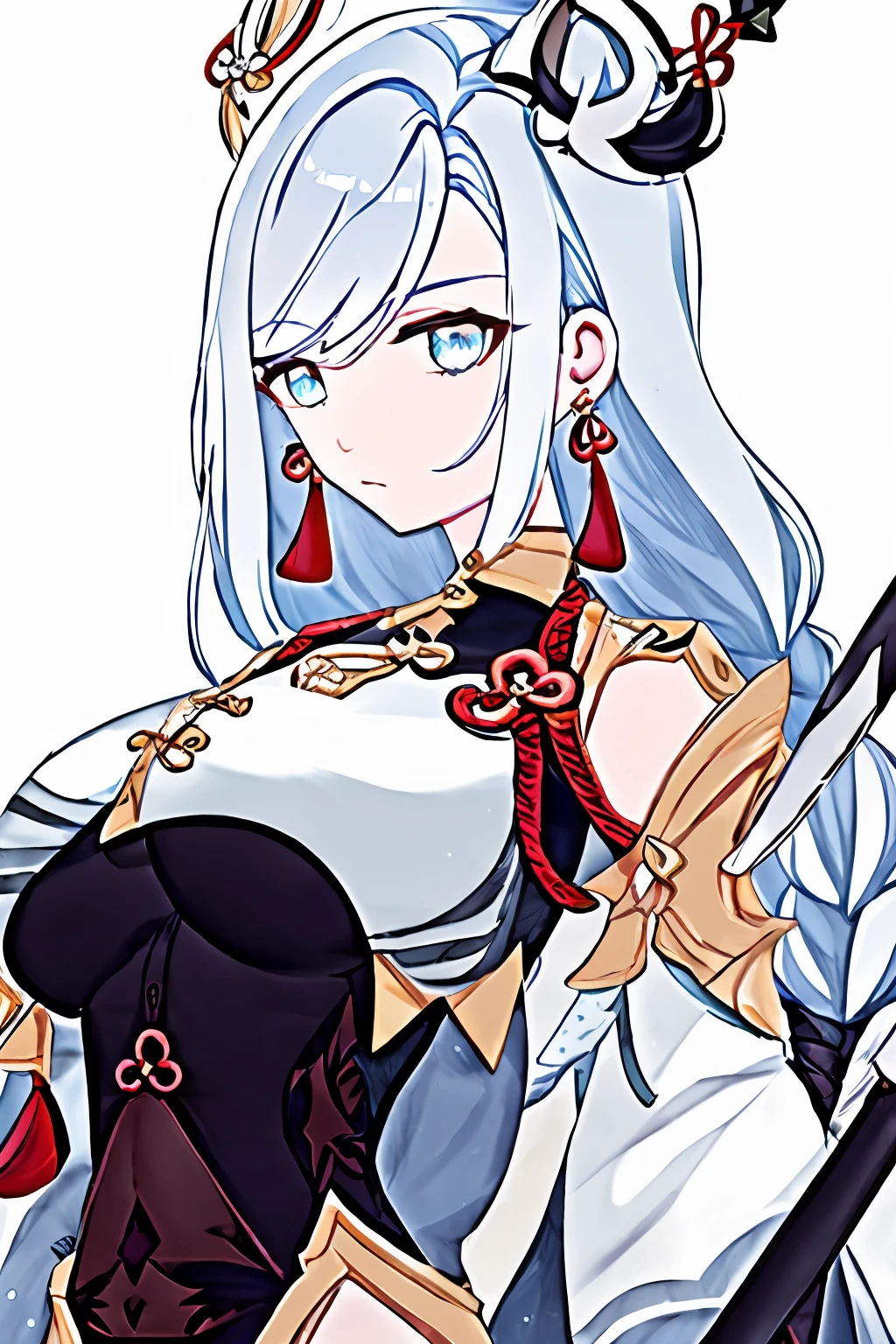 shenhe,1girl, black bodysuit, black gloves, blue eyes, bodysuit, braid, breast curtain, breasts, clothing cutout, covered navel, earrings, hair ornament, jewelry, large breasts, long hair, looking at viewer, partially fingerless gloves, polearm, puffy long sleeves, puffy sleeves, shenhe, shenhe \\(genshin impact\\), shoulder cutout, simple background, solo, tassel, tassel earrings, upper body, weapon, white hair <lora:shenhe_v5-000005:1>