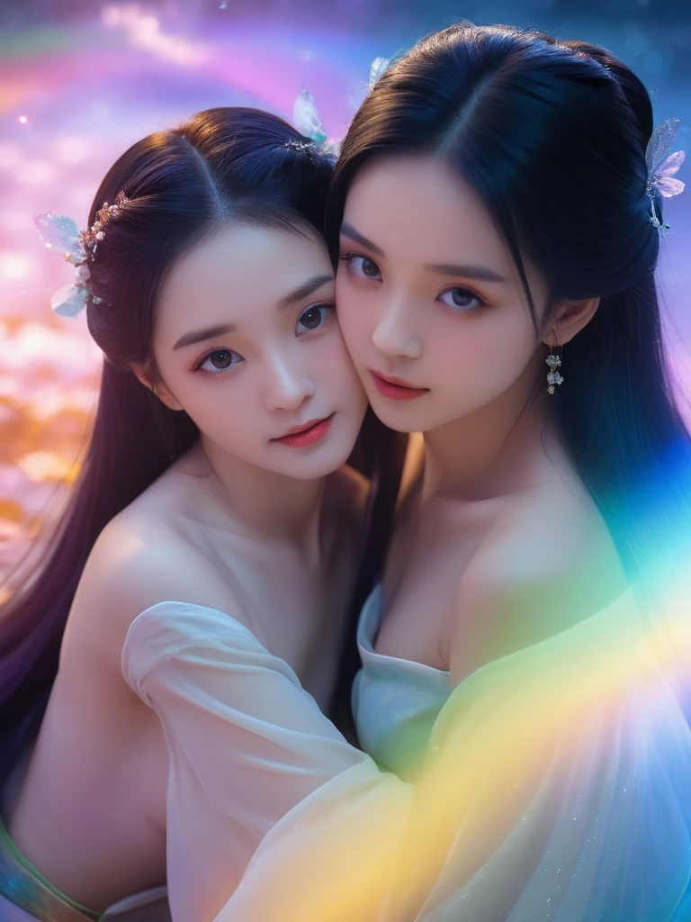 White Background、Professional Lighting、(((Professional Lighting 1.5)))、Translucent skin texture、Beautiful Skin、Beautiful Skin、、Off the shoulder、White Dress、(((See-through 1.2)))、fluttering feathers、Ecstasy of Musical Notes、((Kiss pose))、Face close-up