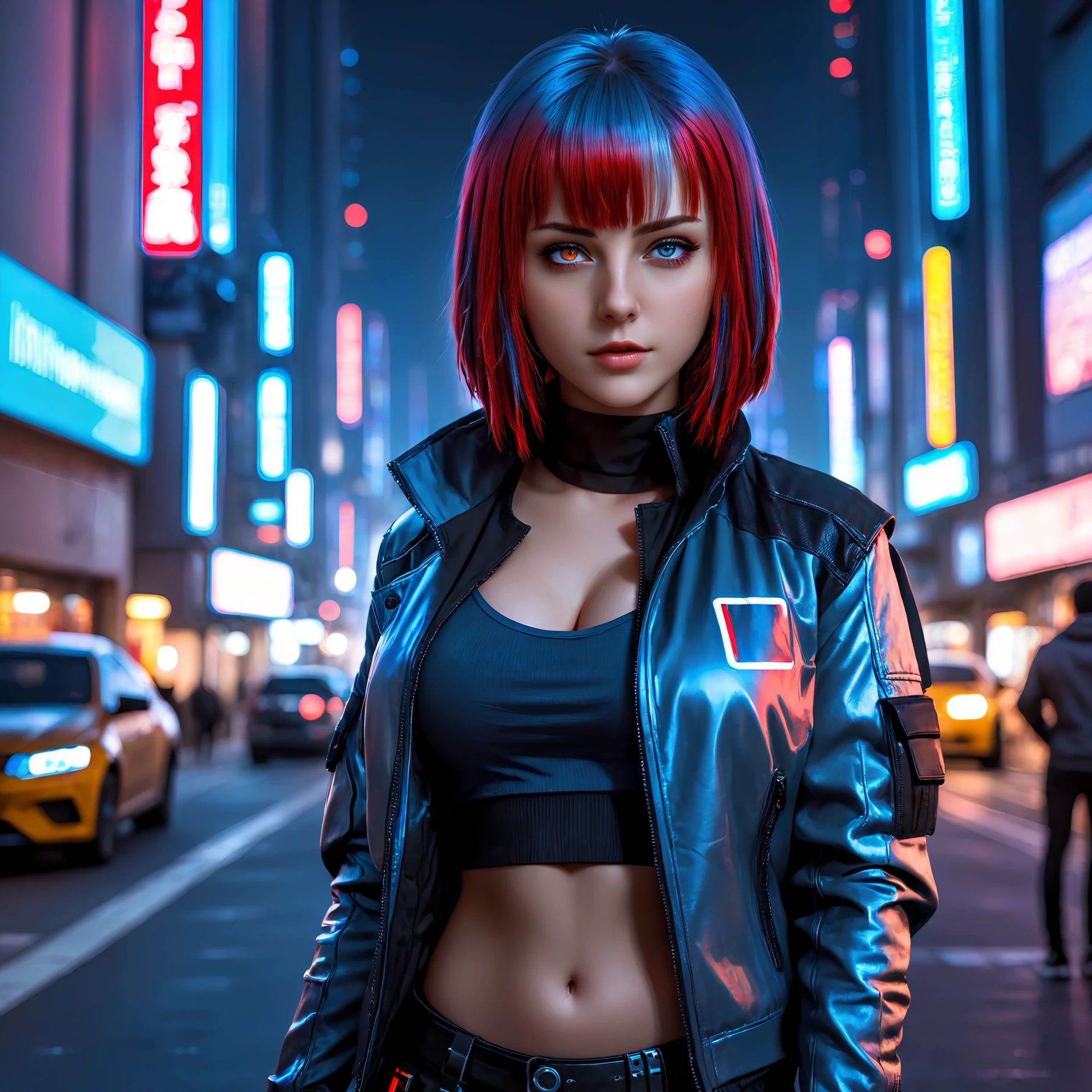 a beautiful <lora:empresshacker:0.8> empresshacker girl in cyberpunk clothes, with eyes of different colors, detailed beautiful blue red hair, in a cyberpunk night city, highly detailed face and eyes, full-length photo, high resolution, masterpiece, detailed, intricate, solo, alone, muted colors, high detail, best quality, best shadow, very aesthetic, highest quality, 8k