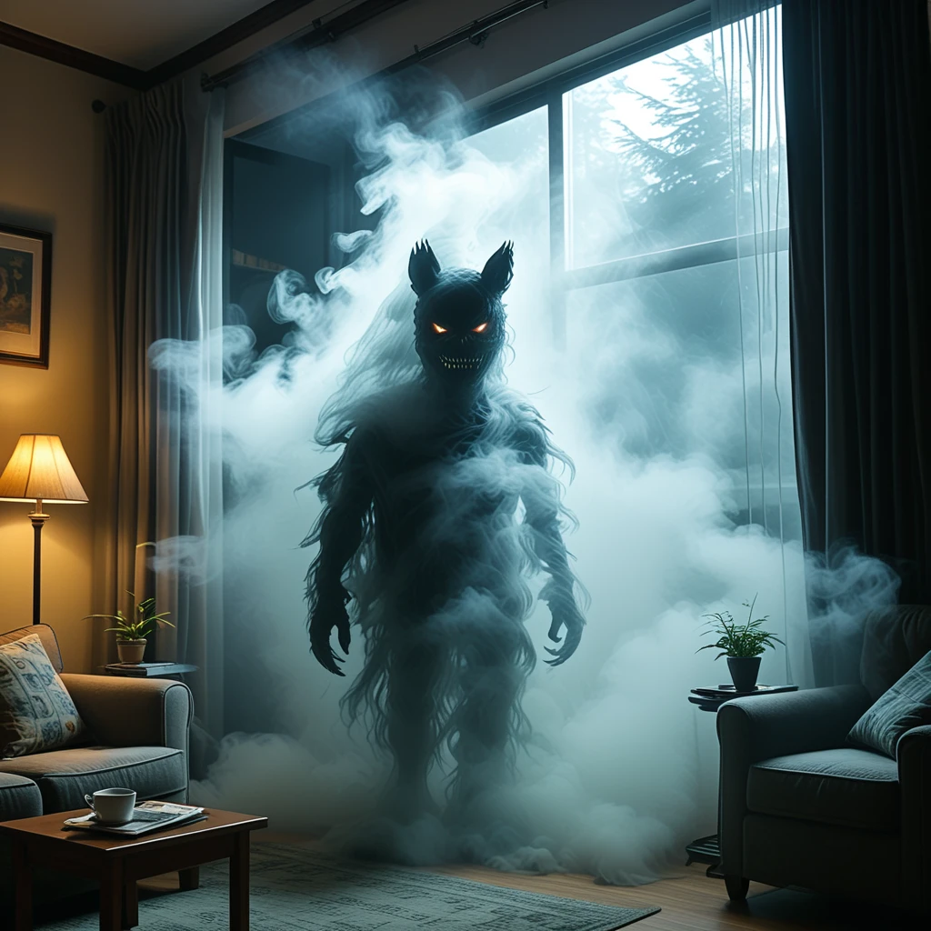 mdfg monster made of fog looming out of darkness in a dark, foggy living room, at night, night sky, light through curtains