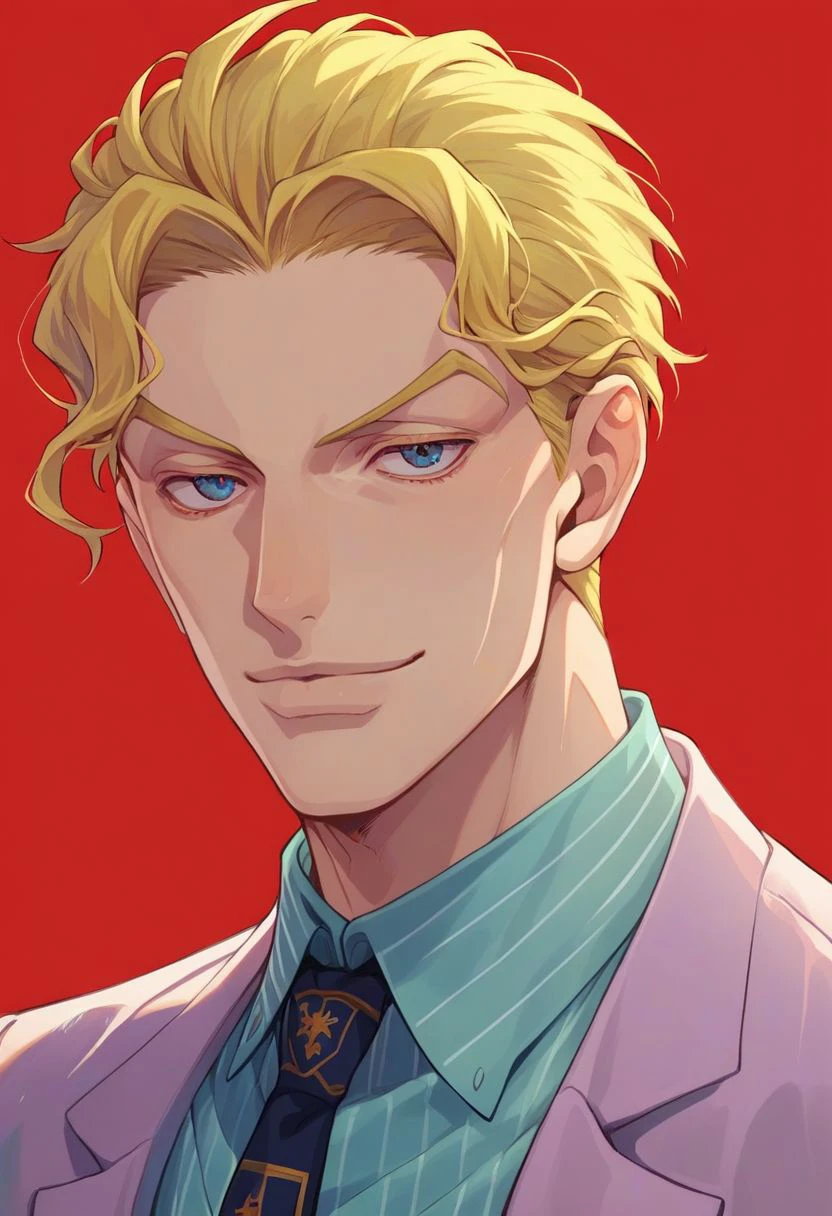 score_9, score_8_up, score_7_up, source_anime, solo, 1boy, man, sexy man, Yoshikage Kira, short hair, blonde hair, cheekbones, suit, collared shirt, tie, smirk, portrait, close up, halfbody, looking at viewer, standing, red background