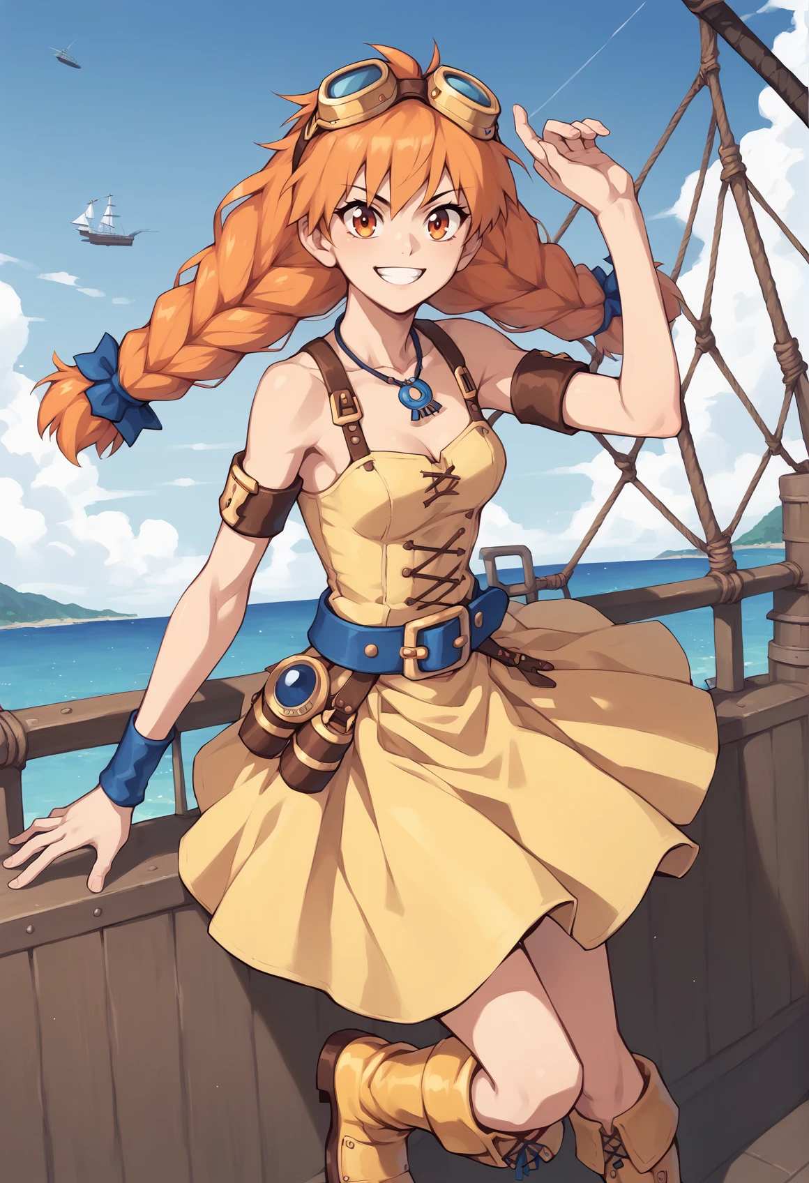 1girl, solo, twin braids, orange hair, long hair, orange eyes, necklace, dress straps, yellow dress, Goggles On Head, armlet, blue belt, wristband, single glove, yellow boots, contraposto, smile, pirate ship, outdoors <lora:Aika_Skies_of_Arcadia_XL:1>, score_9, score_8_up, score_7_up, score_6_up, score_5_up, score_4_up, BREAK source_anime, masterpiece