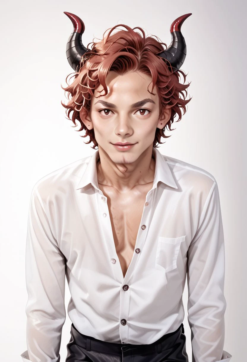 Score_9, score_8_up, horns, black suit, model pose, 1boy, unbuttoned white shirt, face focus, red hair, chiselled jawline,