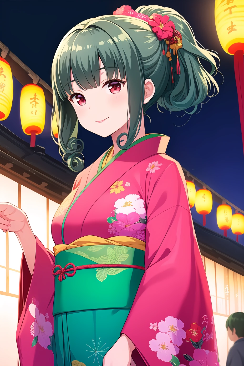 (masterpiece, best quality), highly detailed background, perfect lightingbest quality, shinomiyarisa, solo, outdoors, night, summer festival, green hair, ponytail, hair intakes, blunt bangs, curly hair, medium hair, red eyes, medium breasts, red kimono, floral print, japanese clothes, smile, closed mouth, :), pink lips, <lora:Shinomiya-Risa:0.7>