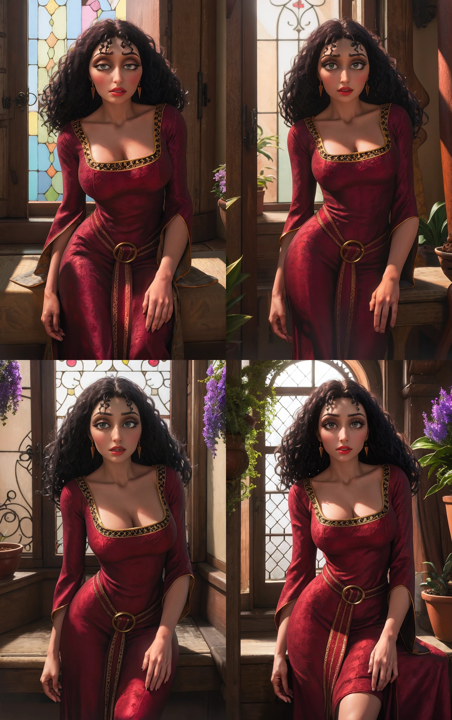 Dress_MotherGothel_ownwaifu,
1girl, long hair, curly hair, wavy hair, big hair, black hair, wide-eyed, black eyes, dark skin, dark-skinned female, lips, eyelashes,
medium breasts, large breasts, breasts, cleavage, collarbone, narrow waist, jewelry, earrings, makeup, lipstick, eyeshadow, red lips,
downblouse,  belt, red dress, dress, long dress, wide sleeves, long sleeves,
{<lora:CARTOON_MotherGothel_ownwaifu:1> |<lora:CARTOON_MotherGothel_ownwaifu:0.9> |<lora:CARTOON_MotherGothel_ownwaifu:0.8> |<lora:CARTOON_MotherGothel_ownwaifu:0.7> },
((masterpiece)),((best quality)),(highres, absurdres), original, official_art, chromatic_aberration, bokeh, depth_of_field, window, wisteria, loaded_interior, skylight, sunset, indoors, window_shade, potted_plant, focused, looking at viewer, solo, cowboy shot,