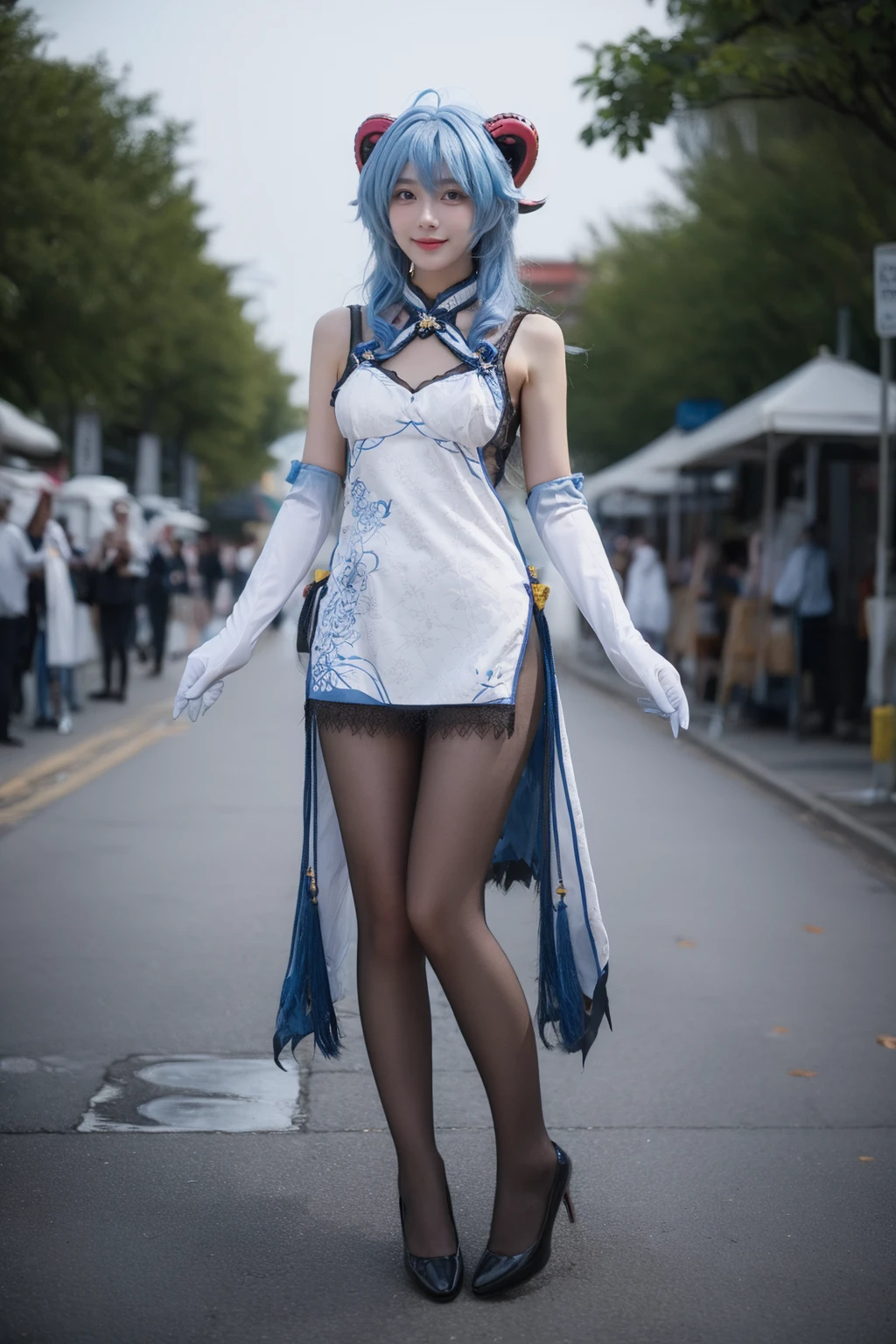 best quality, masterpiece, realistic, photorealistic, 1girl, solo, looking at viewer, smile, standing, full body, ganyu cosplay costume, ganyu, genshin impact, alternate costume, blue hair, long hair, ahoge, dress, chinese clothes, china dress, horns, goat horns, gloves, elbow gloves, pantyhose, black pantyhose, high heels, china garden, flower, water, tree, <lora:Genshin_Ganyu_China_Dress_v1:0.75>, <lora:Background_Detail_v3:1.5>