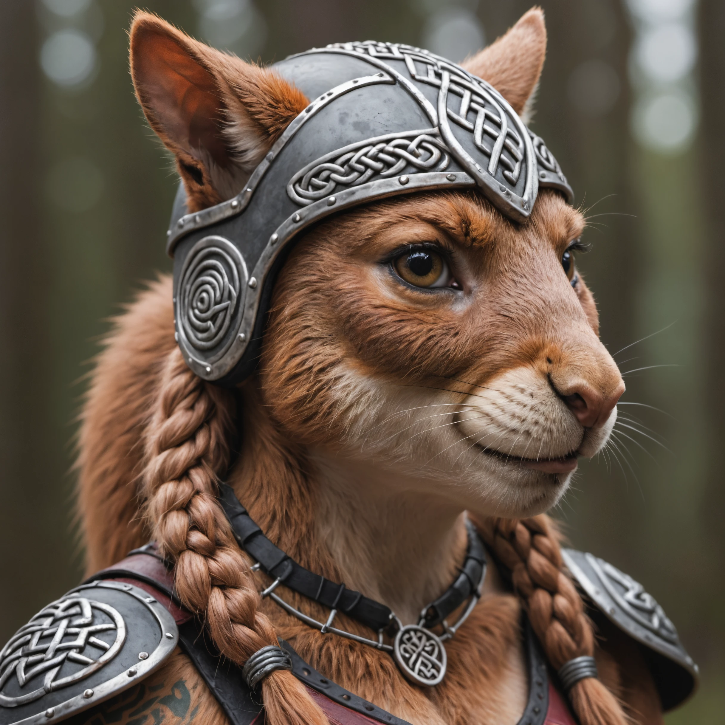 closeup, portrait photo of an anthro squirrel viking female , Nordic knotwork tattoos, wearing a helmet with Nordic runes