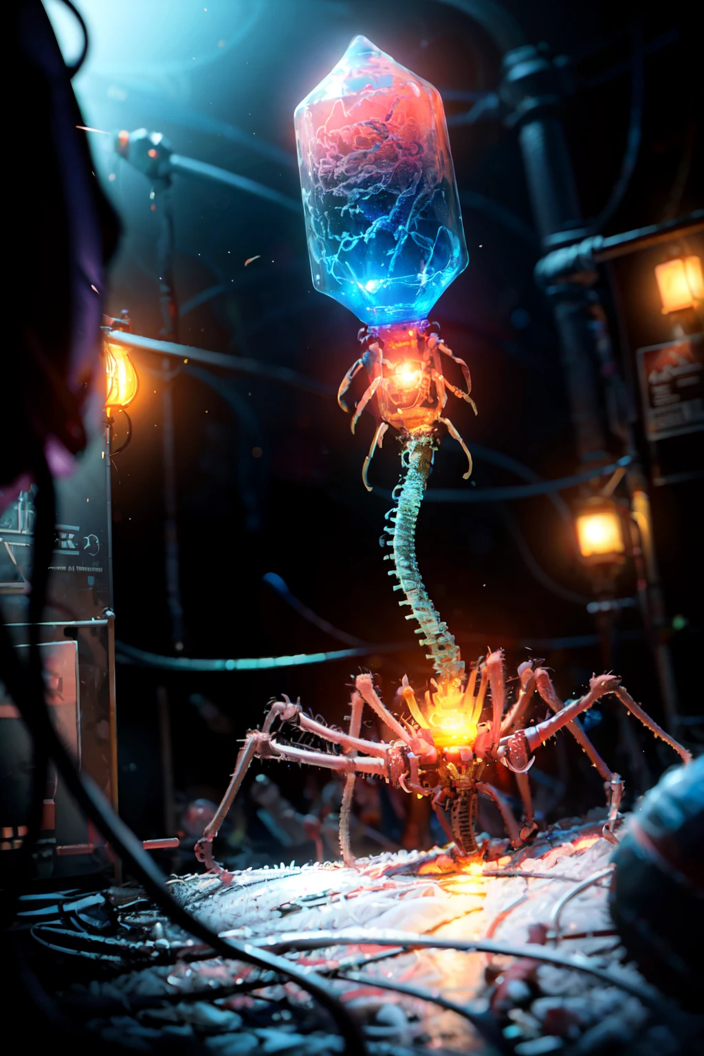 ((masterpiece,best quality)), absurdres, <lora:Bacteriophage:0.8>, Bacteriophage, no humans, skeleton, bone, <lora:Scifi_Environment_Concept_Art:0.8>, minimalist, game asset, cinematic, poster, cold colors, pink theme, neon glow, reflection, city, sign, power lines, lamppost, cyberpunk, neon lights,
