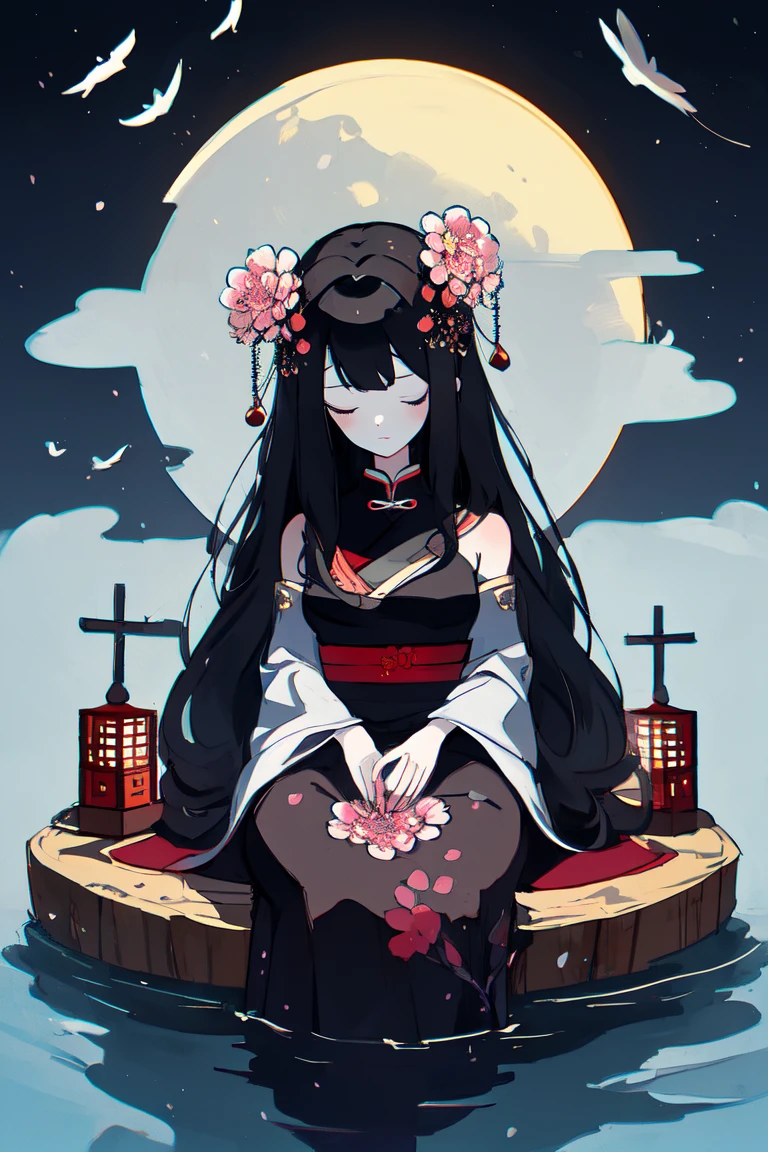 (from above:1),(night:1.2),scenery,architecture,east asian architecture,(quadrate_paper_lantern:0.9),(Big tree:1.2),
1girl,solo,long hair,black hair,hair ornament,dress,holding,bare shoulders,jewelry,sitting,closed mouth,full body,flower,water,night,chinese clothes,looking down,moon,cherry blossoms,night sky,full moon,branch,ripples,lotus,