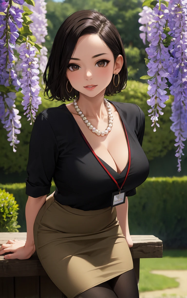 (masterpiece, best quality:1.4), insaneres, absurdres, solo, looking at viewer,BREAK 
BlackDress_SenpaiSan_DoukiChan_ownwiafu, 
1girl, brown eyes, brown hair, short hair, jewelry, forehead, black hair, hoop earrings, large breasts, pearl necklace, collarbone, id card, 
v-neck, black shirt, cleavage, pencil skirt, brown skirt, black dress, high-waist skirt, black pantyhose, short dress, panties under pantyhose, tight dress,
(leaning forward, arms behind back), cowboy shot, garden, wisteria, outdoors, <lora:ANIME_SenpaiSan_DoukiChan_ownwiafu:0.85> , depth of field, solo,