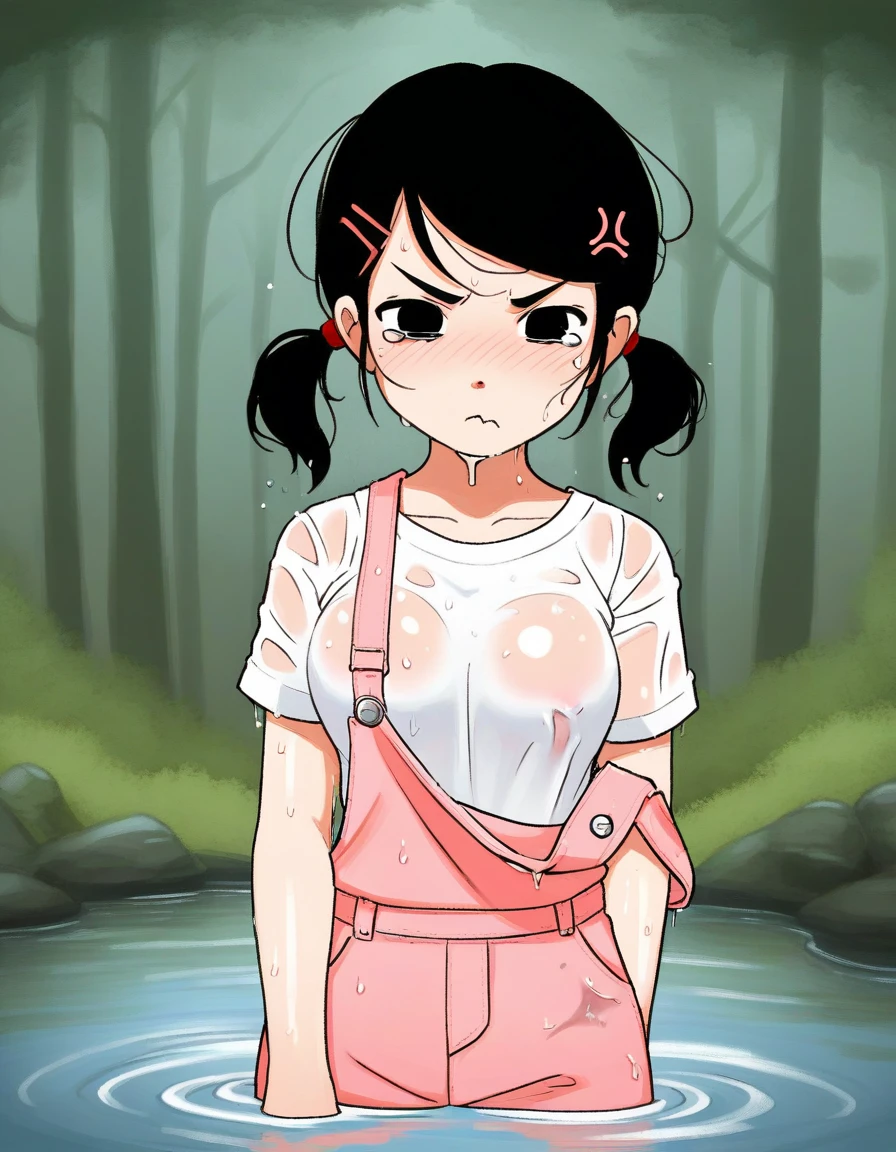 <lora:monchichiwa_lyco_pony2-000012:0.8>
score_9, score_8_up, score_7_up, rating_safe BREAK
1girl, (:t), pout, tearing up, (angry:1.2), black eyes, black hair, twintails, hairclip, medium breasts, white t-shirt, pink overalls, forest, river, partially submerged, (wet, wet clothes, wet shirt, dripping)