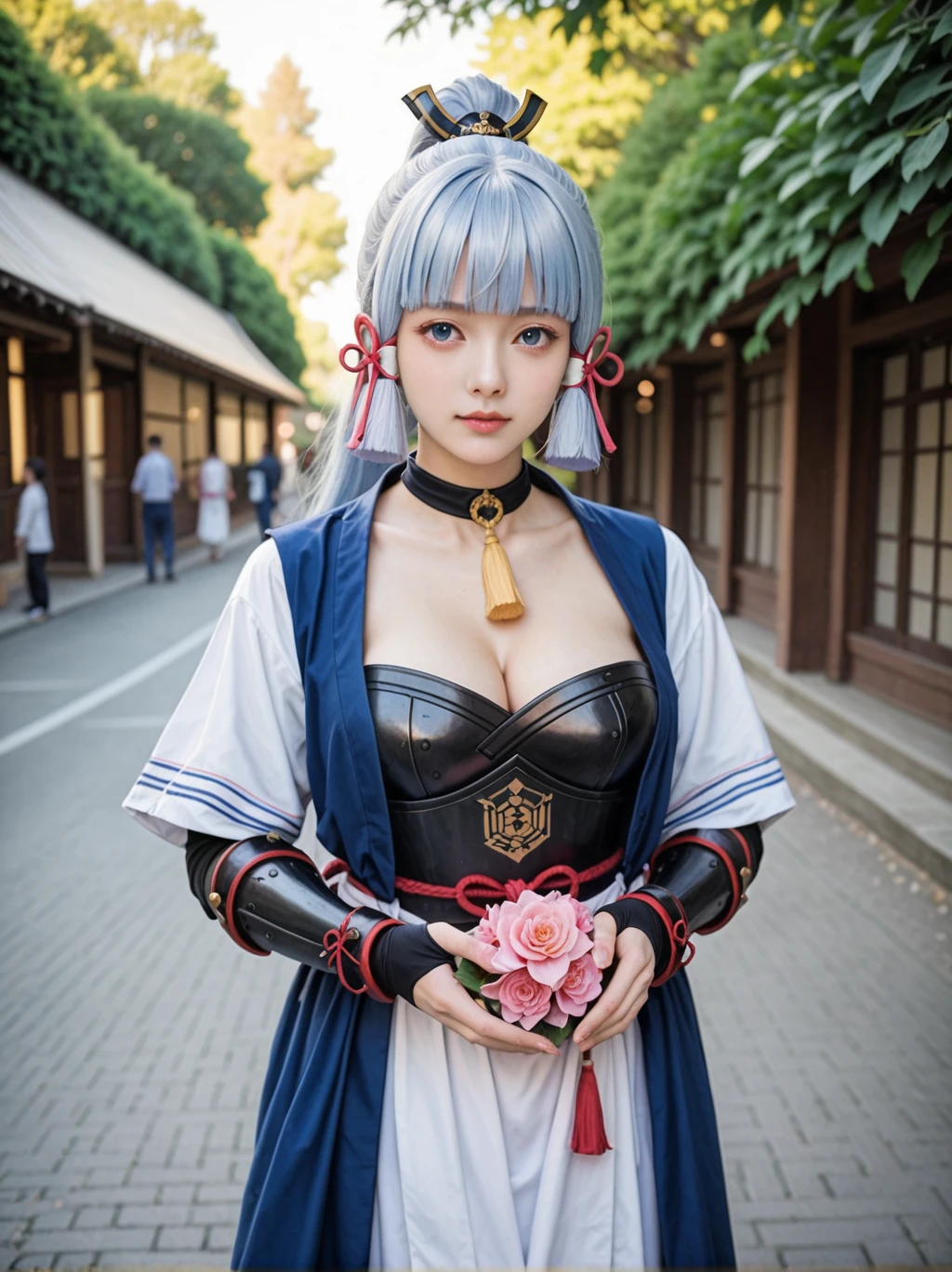 1girl,kamisato_ayaka,solo,light_blue_hair,long_hair,ponytail,hair_ornament,medium_breasts,cleavage,arm_guards,armored_dress,blue_eyes,blunt_bangs,breastplate,bridal_gauntlets,flower_knot,hair_ribbon,japanese_armor,japanese_clothes,kamisato_clan_\(emblem\),neck_tassel,pink_ribbon,tassel_choker,cosplay, costume, official art, photo, perfect lighting, rating_safe, outside, street, cowboy shot,looking at viewer,