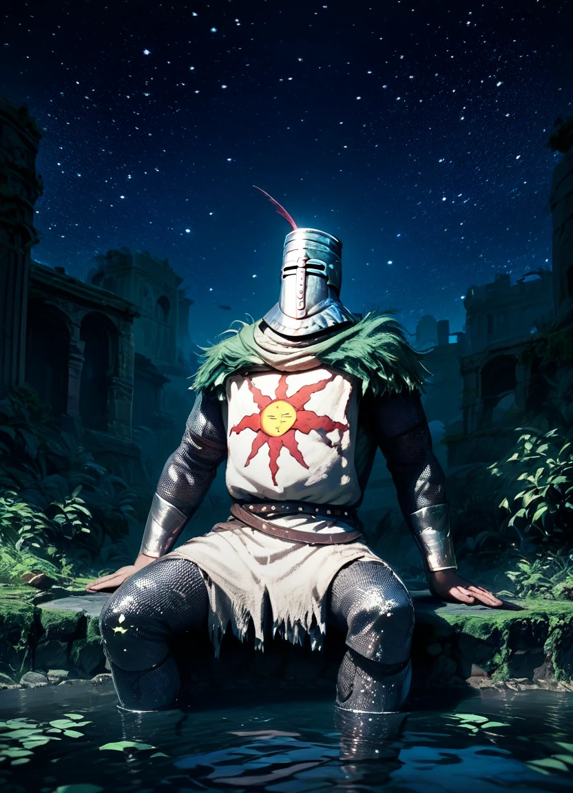 score_9, score_8_up, score_7_up, score_6_up, score_5_up, score_4_up, solaire dark souls chainmail knight reclining  bathing male solo tabard helmet, (night starry_sky:1.5) dramatic_lighting (river:1.2) embers ruins <lora:Solaire__Dark_Souls__PonyXL:1.0> <lora:LandscapeFixer:0.7>