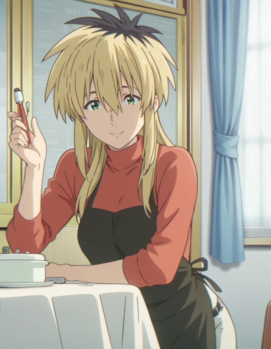 score_9, score_8_up, score_7_up, source_anime,
miyakoishida, <lora:miyako-ishida-movie-ponyxl-lora-nochekaiser:1>,
miyako ishida, long hair, bangs, blonde hair, black hair, hair between eyes, green eyes, multicolored hair, two-tone hair,
apron, sweater, turtleneck, red sweater, black apron, pants, denim,
indoors, bent over, smile,
looking at viewer, solo, cowboy shot, dutch angle,