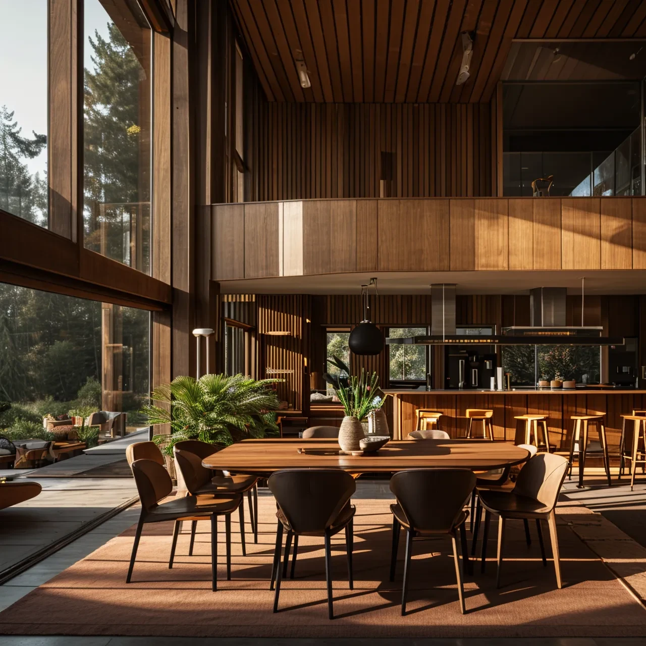 photo, interior, dining room, mid-century modern, dining table, tall window, wooden ceiling, open plan, kitchen, dining area, living room, potted plant, daylight, natural light, inviting, wide angle, tree outside, window, chair, table, shelf, atrium
wide angle,
<lora:AIDVN_midcentury_modern_interior:0.75>