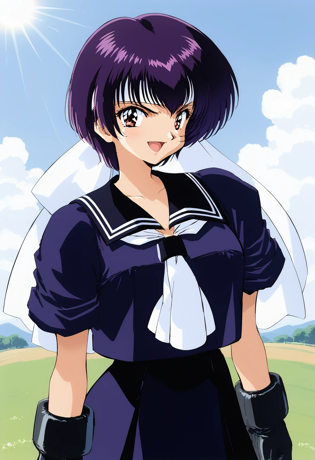 1girl, solo, (field:1.2), (sky:1.2), (sunlight:1.2), smile, open mouth, cowboy shot,  (retro artstyle:1.2), 1990s \(style\), 
kawasaki_shinobu, red eyes, purple hair, short hair, headband, black gloves, school uniform, black serafuku, black sailor collar, white neckerchief, short sleeves, black skirt, <lora:asuka120_kawasaki_shinobu_pony_ver1:1>, score_9, score_8_up, score_7_up, BREAK source_anime, best quality, masterpiece, uncensored,