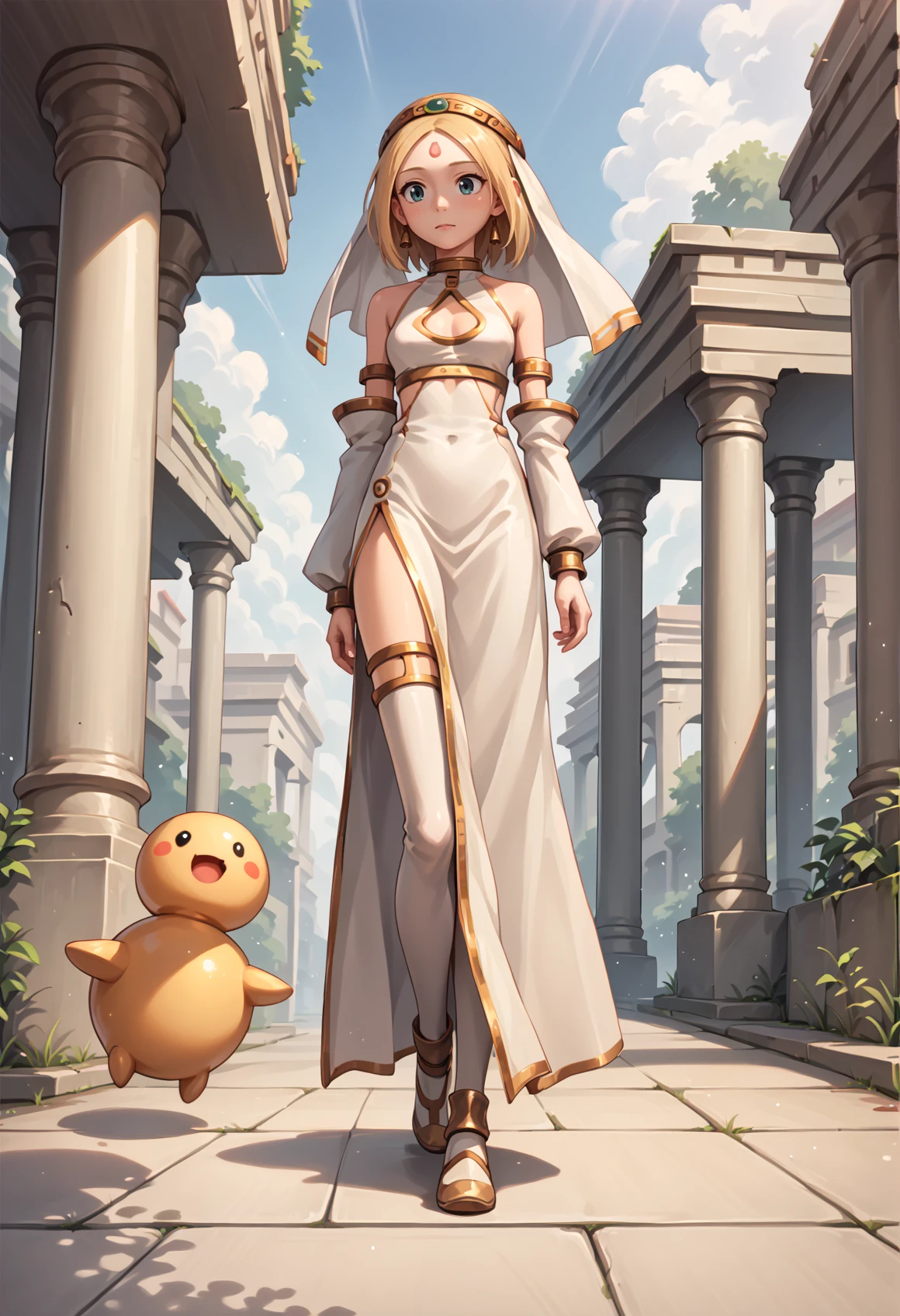 1girl, short hair, blonde hair, forehead, forehead mark, circlet, veil, white dress, clothing cutout, detached sleeves, silver armlet, jewelry, side slit, white thighhighs, full body, cowboy shot, outdoors, greek temple, walking, creature  <lora:Fina_Skies_of_Arcadia_XL:1>, score_9, score_8_up, score_7_up, score_6_up, score_5_up, score_4_up, BREAK source_anime, masterpiece