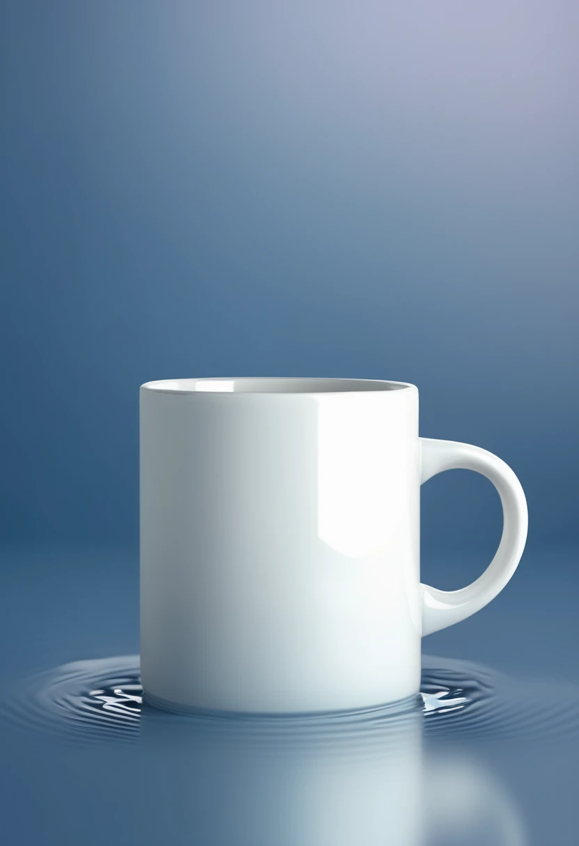 A white mug centered on a surface with ripples of water emanating from it, with a single water droplet suspended above, set against a gradient blue background that suggests a tranquil and clean environment. <lora:mug_Î±:0.7>