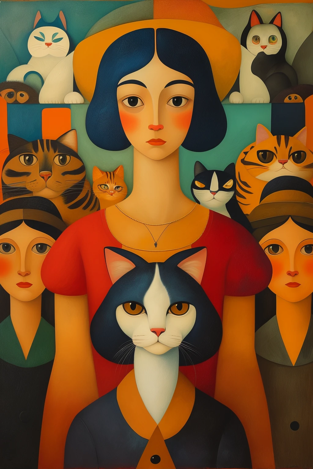 masterpiece,best quality,cat,oil painting,<lora:tbh110-:0.8>,style of Tarsila do Amaral,