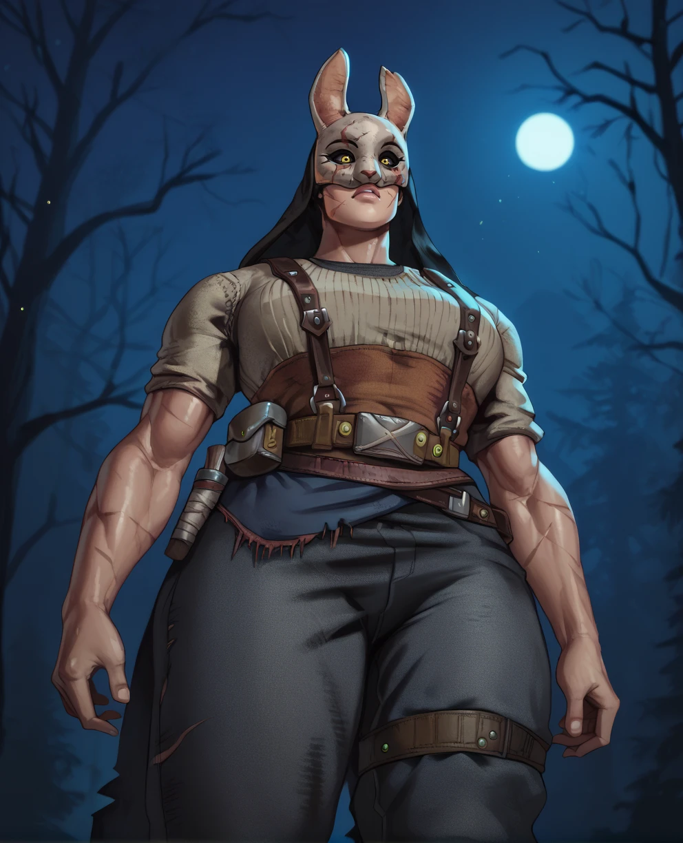 score_9,score_8_up,score_7_up,score_6_up,score_5_up,TheHuntressXL,yellow eyes,lip scar,mask with ears,black cowl,lips,shirt,pants,pelvic curtain,belt,waistband,standing,from below,muscular,woods,night,dry trees,<lora:TheHuntressXL:0.8>,