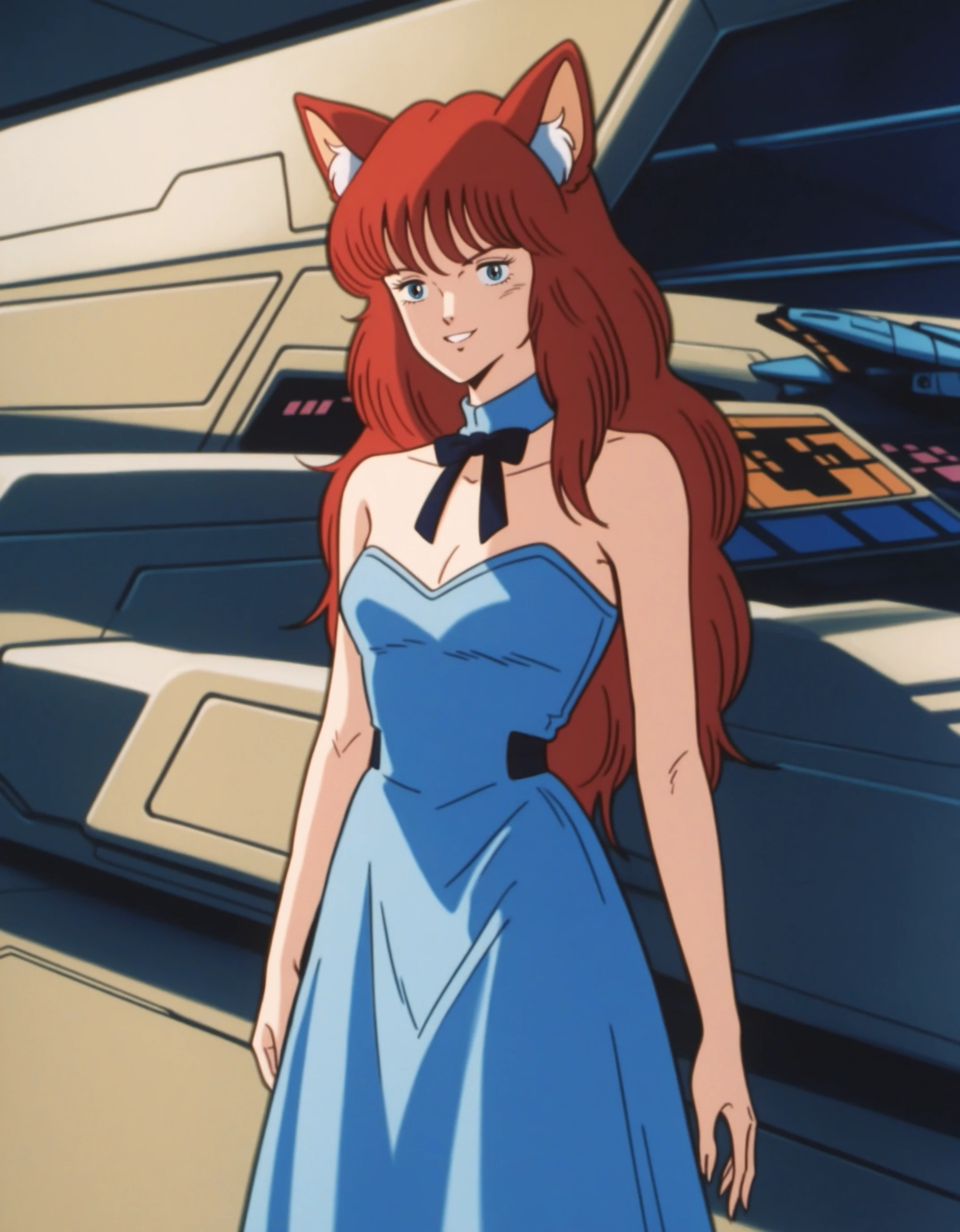 HMLGZZ, (score_9, score_8_up, score_7_up, score_6_up, source_anime:0.7), mecha, 1girl, cat ears, sleeveless turtleneck, jeans, neck ribbon, jet, blue dress, indoors, castle ballroom, sparkling chandeliers, elegant dancers, live orchestra, swirling gowns, white animal ear fluff