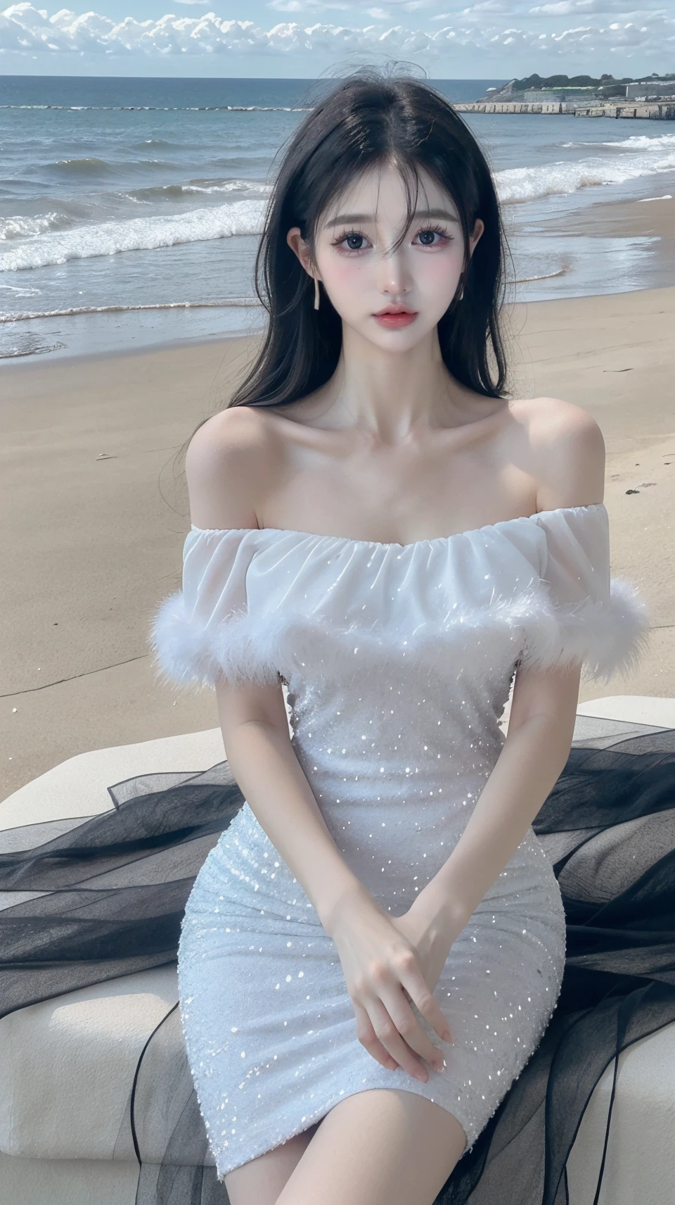 masterpiece,best quality,bright colors,solo,photo_,(1girl:1.3),(sitting:1.3),(looking at viewer:1.4),Elegant,detailed gorgeous face,(cowboy shot:1.4),realistic,dappled sunlight,(seaside background:1.4),sun,,MIS,shiny dress,fur trim,<lora:MIS46:0.75>