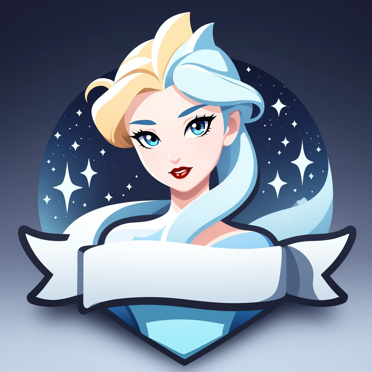 ribbon logo, 1girl, solo, (elsa:1.1), from disney's frozen, ice blue and silver, blonde hair, ice blue dress, blue eyes, red lips, shimmering, sparkle, portrait, gradient background, starry sky, masterpiece, best quality, highly aesthetic