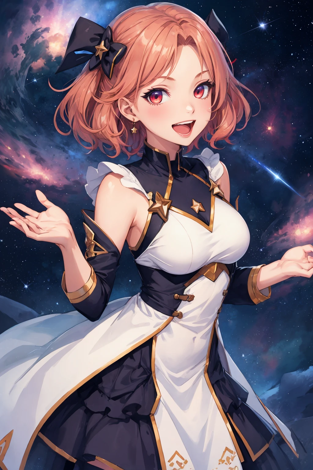 1girl, watercolor style, medium breast, glowing eyes, night, nebula, starry sky, beautiful smile, open mouth