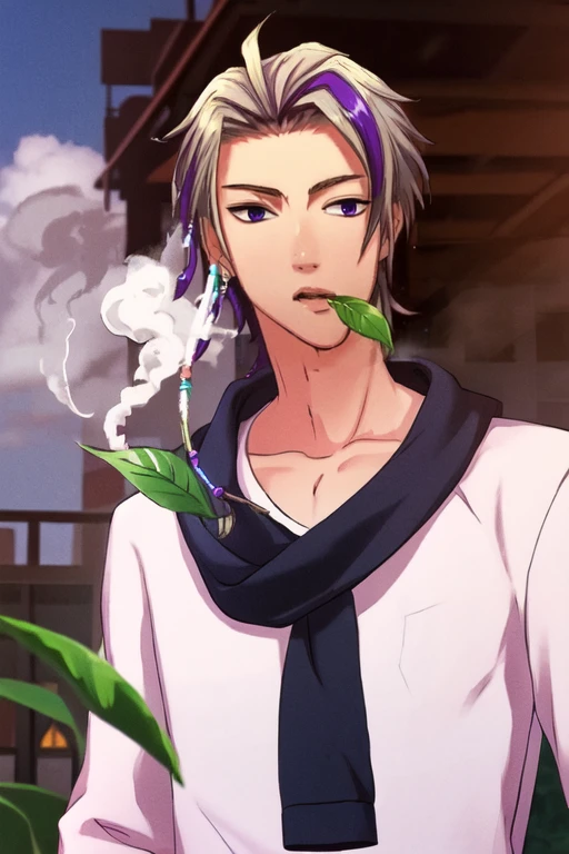 (masterpiece),(best_quality),1boy,Kendatsubaou,purple hair,casual,collarbone,white shirt,black scarf,leaf on mouth,smoke,<lora:Kendatsubaou:1>,