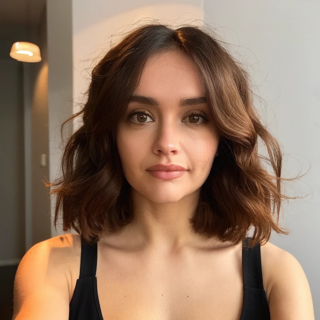 Super high res selfie, Natural lighting, dim lighting, Instagram closeup selfie of a woman with slightly wavy shoulder-length hair, f/1.8, olxcke, <lora:olcooke_juggerX_xl_1_st_wocap_merger_97_99_66_028_042_03-olxcke:1.0>