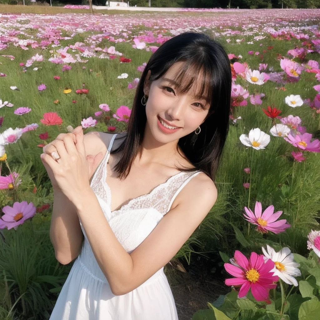 Best quality,masterpiece,ultra high res,(photorealistic:1.2),<lora:cosmos_bipinnatus:1>,cosmos_bipinnatus,flower,field,pink flower,flower field,grass,outdoors,scenery,purple flower,red flower,white flower,<lora:åå½±:0.6>,1girl,solo,full body,realistic,teeth,looking at viewer,smile,black hair,earrings,jewelry,bangs,((1girl dynamic pose in flower field)),