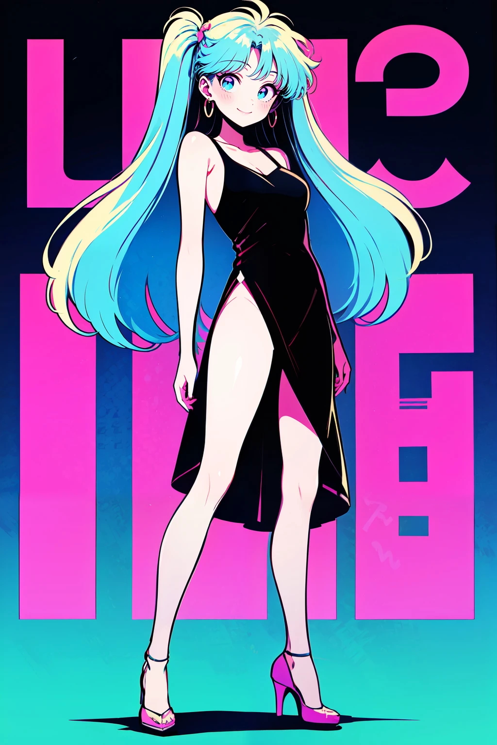 <lora:80s_Pop:0.8>, ((masterpiece,best quality)), absurdres, 1girl, solo, long hair, breasts, looking at viewer, blush, smile, bangs, blue eyes, dress, bare shoulders, twintails, jewelry, medium breasts, very long hair, closed mouth, blue hair, standing, full body, earrings, sleeveless, black dress, high heels, bare legs, aqua hair, sleeveless dress, side slit, hoop earrings, pink footwear, text, text in background,
