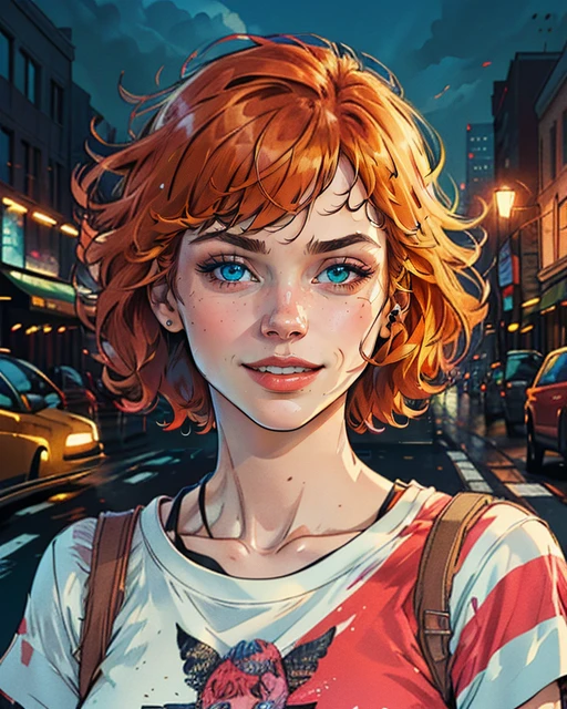 portrait, pretty woman, ginger, short hair, t-shirt, happy, city background, Emma Stone, <lora:WesternComicMix_Extract:0.85>, sharp, clear, detailed, best quality, high quality, high resolution, best resolution, HD, HDR, 8K, masterpiece, masterwork, 2D digital artwork, crosshatching, flat colors, inked, vector illustration, dynamic shadows, epic, cinematic, <lora:detail_slider_v4:0.5>, <lora:colorify:0.5>