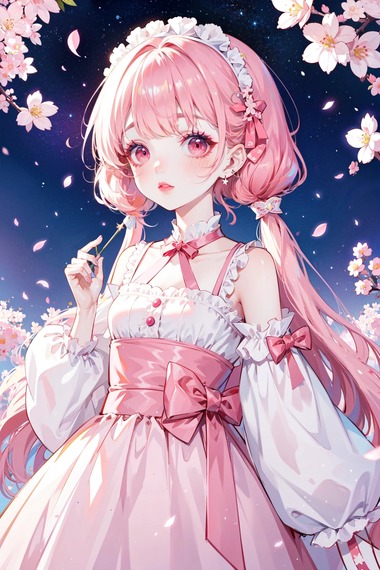 ((best quality, masterpiece, absurbres, super-resolution))1girl, Cherry blossoms, pink braided bangs, cute, kawaii, stars hair accessories, red eyes, pink blush