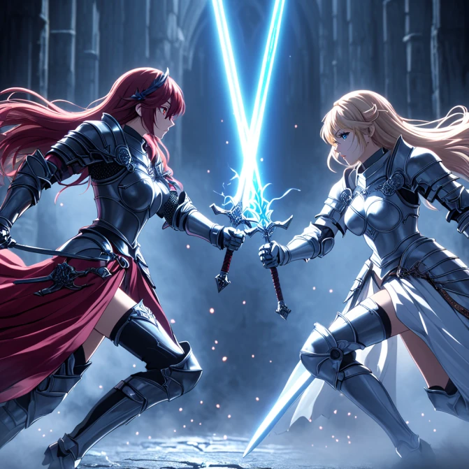 cinematic anime shot of two female fantasy knights in beautiful armor in a sword fight, fighting each other, holding glowing sword, 1vs1, sword duel, hkstylen anime style