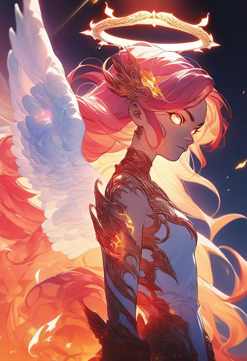 score_9, score_8_up, score_7_up, score_6_up, score_5_up, score_4_up, <lora:Fiery_Aura_for_Pony:1> fiery aura, 1girl, colorful, angel, extending her wings, halo, perfect eyes, angel wings, source_anime, Illustration, official artwork, anime style, wallpaper, official art, warrior