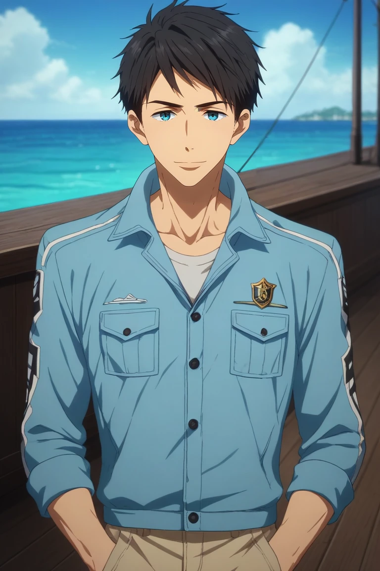 score_9, score_8_up, score_7_up, source_anime, rating_safe, , anime screencap, , official style, looking at viewer, depth of field, 1boy, solo, male focus, <lora:sousuke_yamazaki_pony:0.94>, sousuke_yamazaki, black hair, blue eyes, short hair, cowboy shot, boat, ship, midnight, lying, on back, seductive smile, ranger costume, <lora:sdxl_lightning_8step_lora:1>